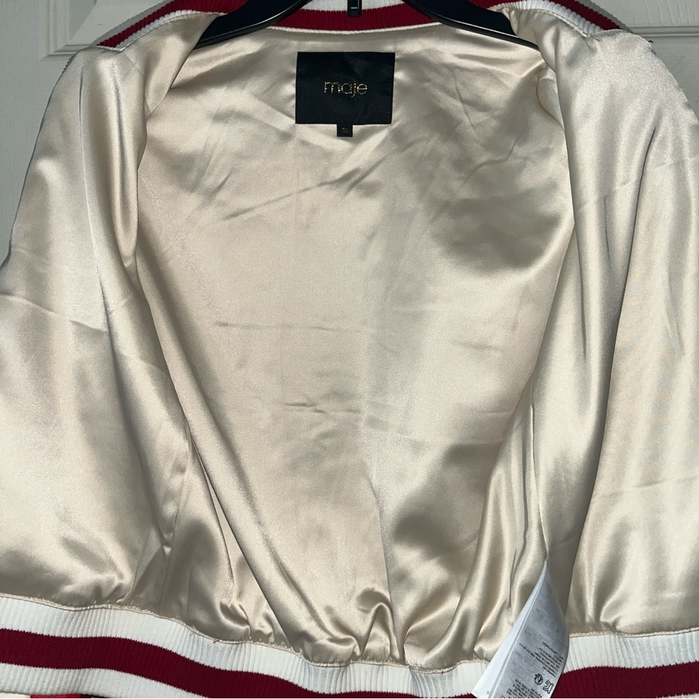 Maje Rouge Bomber Jacket Red Full Zip Size 36 Small Embroidered Womens View 5